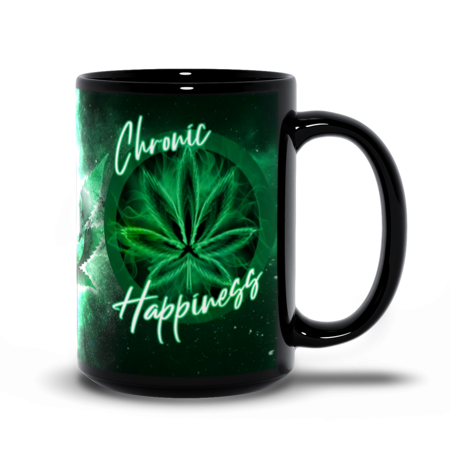 Chronic Happiness 15oz coffee mug, Maryjane cannabis artwork.