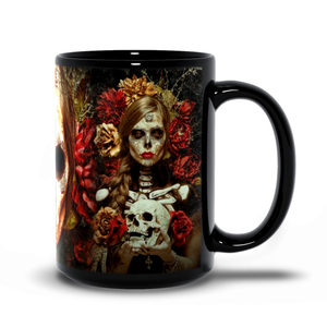 Flowers of Death 15oz coffee mug, dia de los muertos, day of the dead artwork.